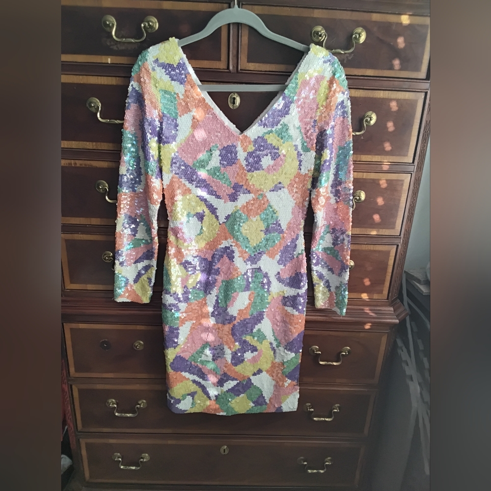 Cache Multicolor Sequin Long Sleeve Dress
